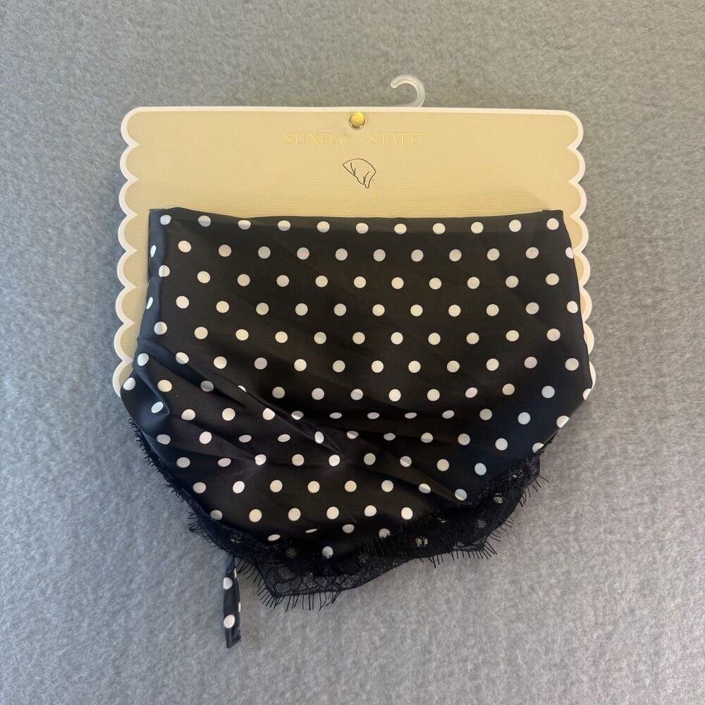Sunday State Black White Polka Dot Triangle Headscarf Lace Trim Tie Back